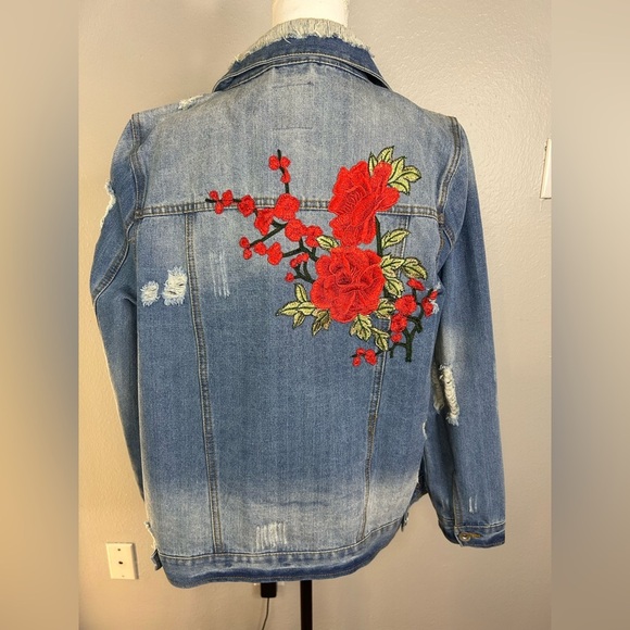 Cavalini Distressed Denim Jacket with Rose Embroidery – Size Medium - Picture 10 of 10